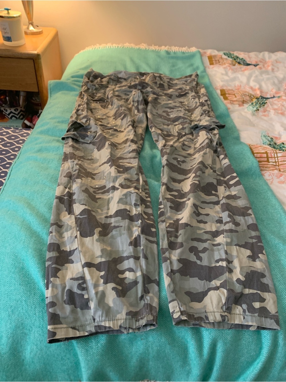 BONGO Women's Camo Cargo Pants With Shinny Metal Studs on Front Legs